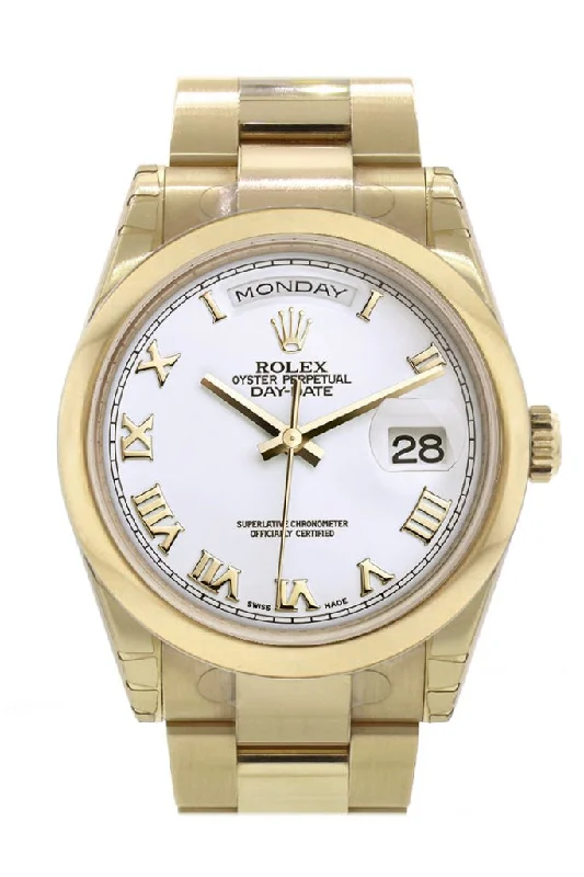 Watches with a classic look   Rolex Day-Date 36 White Roman Dial Yellow Gold Watch 118208