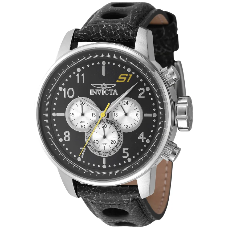 Watches with leather straps and quick release clasps   Invicta Men's Chronograph Watch - S1 Rally Silver Tone and Black Dial Strap | 45909