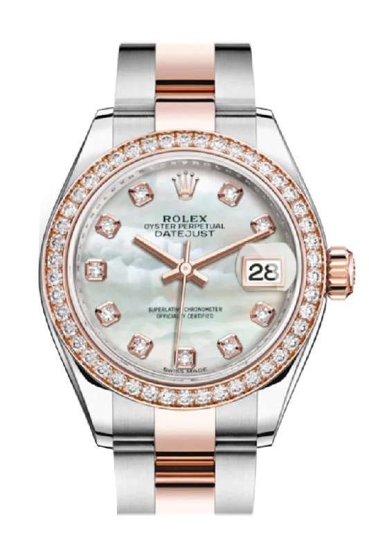 Watches with a classic look   Rolex Datejust 28mm White mother-of-pearl Diamonds Dial Diamond Bezel Rose Gold Two Tone Watch 279381RBR 279381