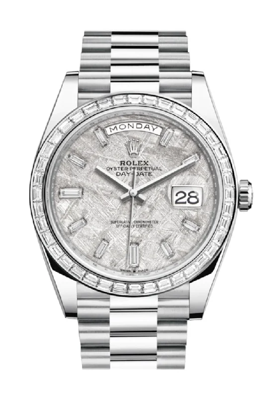 Formal watches for business people   Rolex Day-Date 40 Meteorite Baguette Diamond Dial 40 Baguette Diamond Bezel Platinum President Automatic Men's Watch 228396TBR 228396
