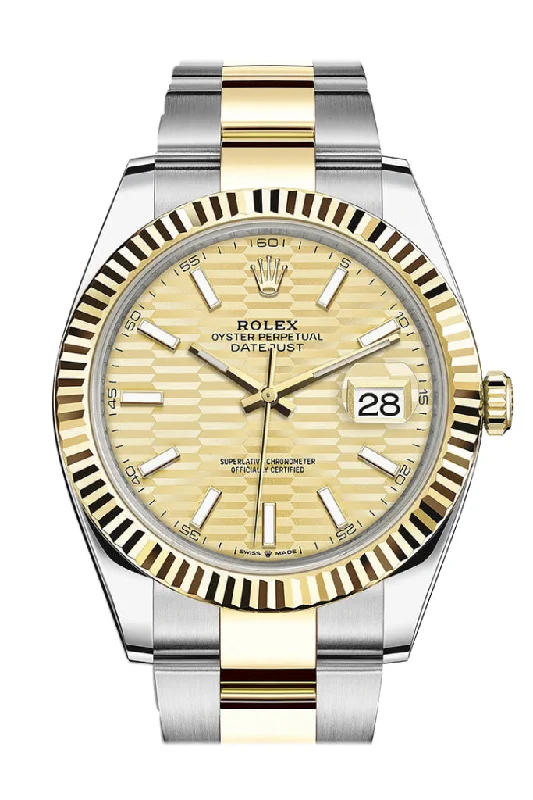 Watches with adjustable straps for a perfect fit   Rolex Datejust 41 Champagne Dial Fluted Bezel 18k Yellow Gold Oyster Men's Watch 126333 126333-0021