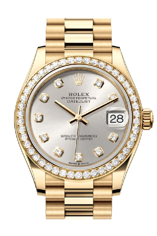 Watches with a luxurious look   Rolex Datejust 31 Silver Diamond Dial Diamond Bezel Yellow Gold Ladies Watch 278288RBR 278288RBR-0028
