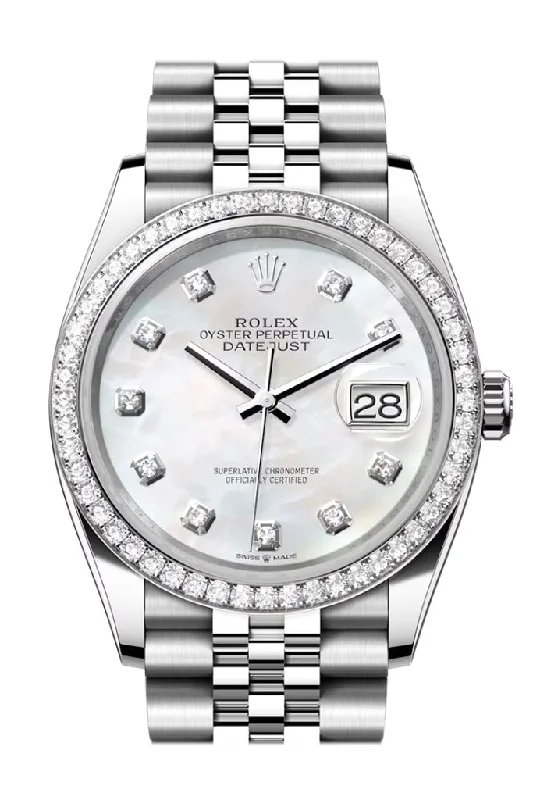 Luxury quartz watches with high-end movements   Rolex Datejust 36 White Mother of Pearl Diamond Dial Diamond Bezel Jubilee Watch 126284RBR 126284RBR-0011