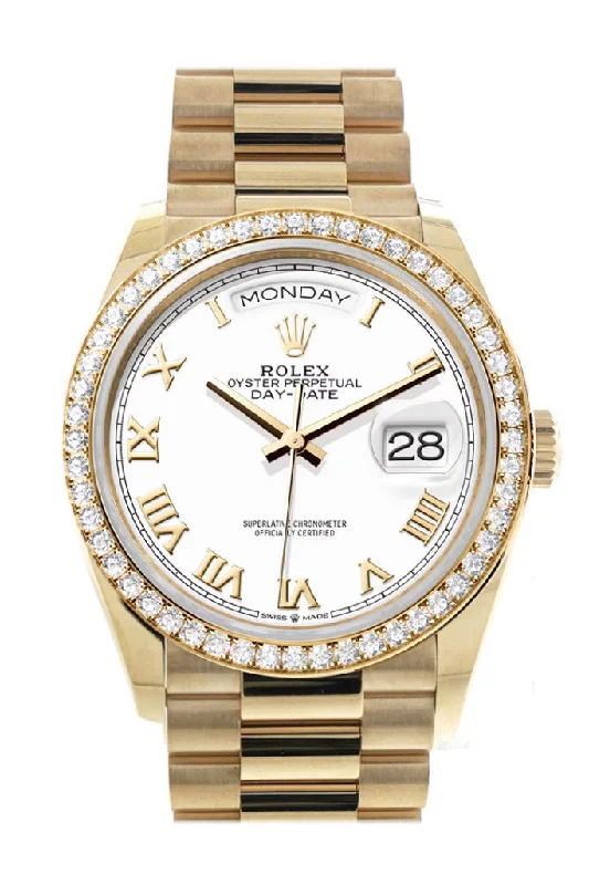 Luxury brand automatic watches for men   Rolex Day-Date 36 White Roman Dial Gold Diamond Bezel Watch 128348RBR-0042 128348RBR