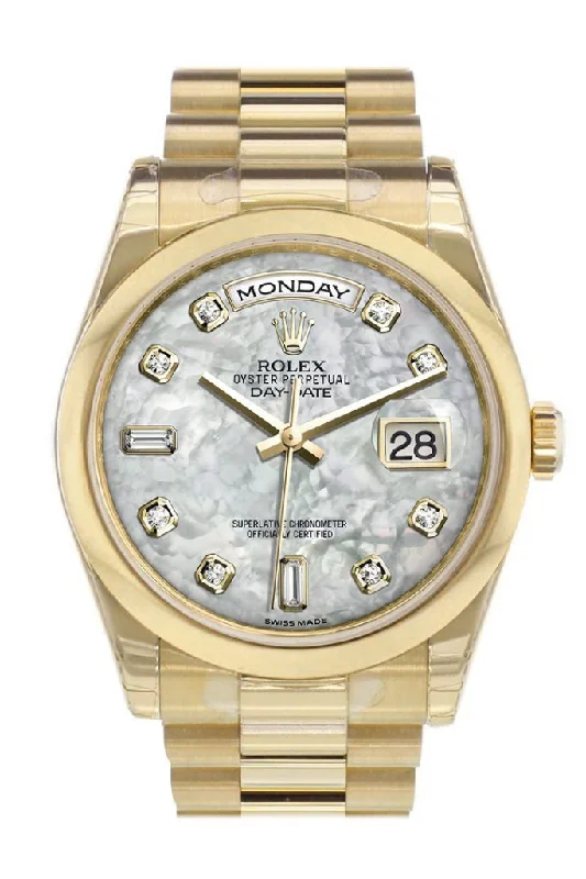 stylish watches for everyday wear Rolex Day-Date 36 White mother of pearl set with Diamonds Dial President Yellow Gold Watch 118208 stylish watches for everyday wear Rolex Day-Date 36 White mother of pearl set with Diamonds Dial President Yellow Gold Watch 118208