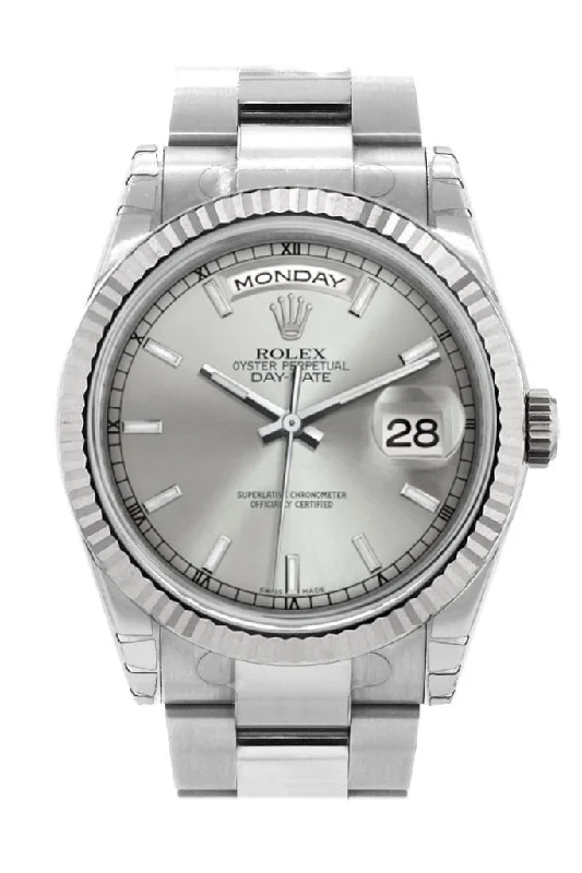 Watches with adjustable straps for a perfect fit   Rolex Day-Date 36 Silver Dial Fluted Bezel Oyster White Gold Watch 118239