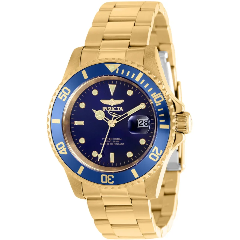 Watches with leather straps and quick release clasps   Invicta Men's Watch - Pro Diver Quartz Blue Dial Yellow Gold Steel Bracelet | 37159