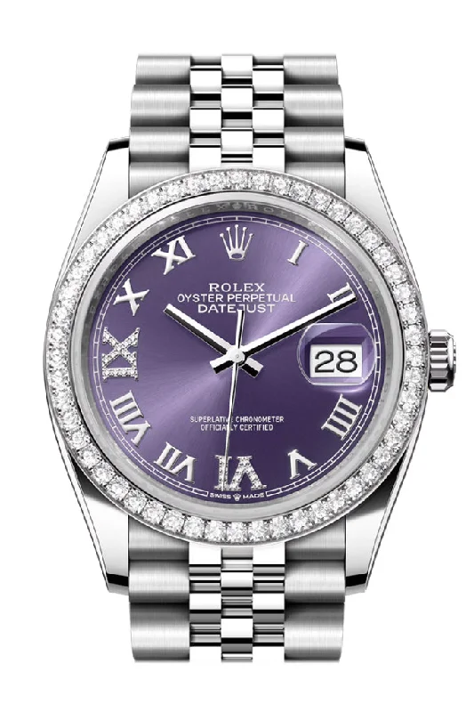 Watches with leather straps and quick release clasps   Rolex Datejust 36 Aubergine Diamond Dial Diamond Bezel Jubilee Watch 126284RBR 126284RBR-0013