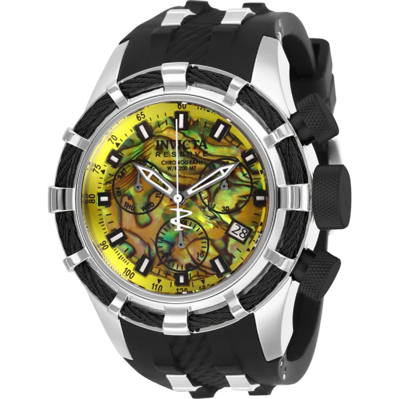 Luxury brand automatic watches for men   Invicta Men's Watch - Reserve Chronograph Yellow Abalone Dial Black Strap | 27312