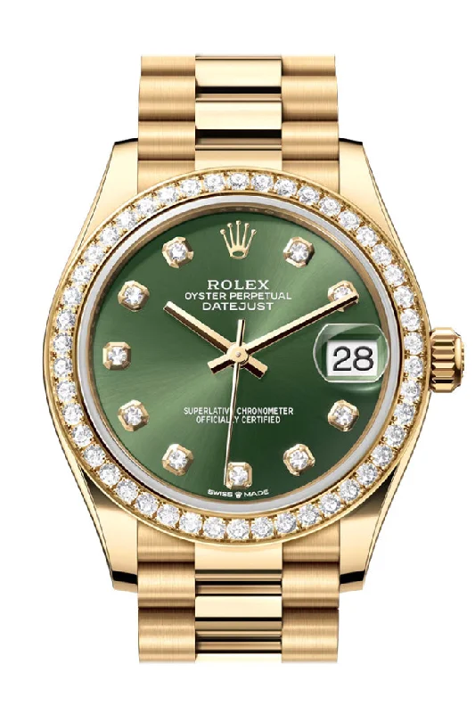 Watches with a stylish look   Rolex Datejust 31 Green Diamond Dial Diamond Bezel Yellow Gold Ladies Watch 278288RBR 278288RBR-0007