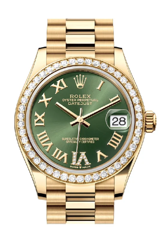 Watches with a classic look   Rolex Datejust 31 Green Roman Diamond Dial Diamond Bezel Yellow Gold Ladies Watch 278288RBR 278288RBR-0024