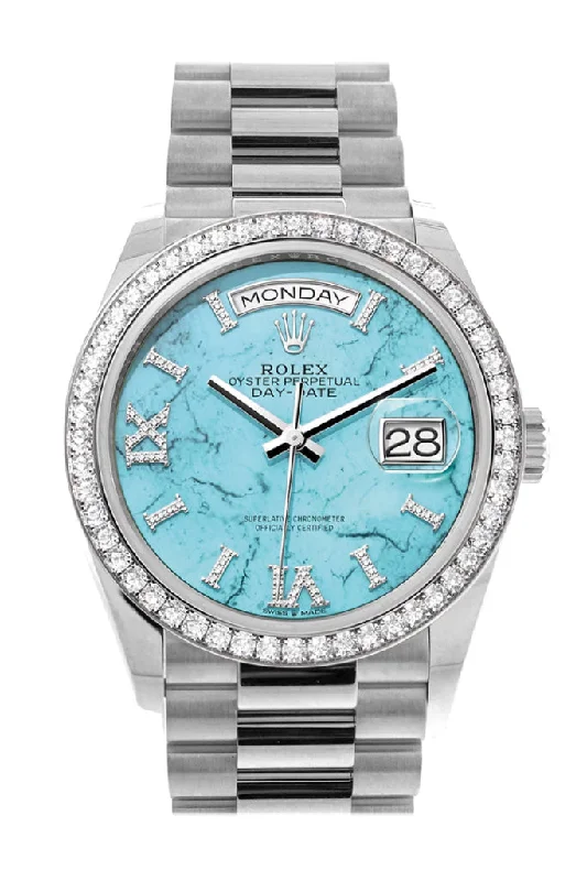 Watches with a stylish look   Rolex Day-Date 36 Turquoise Diamond Dial Diamond Bezel White Gold President Watch 128349RBR