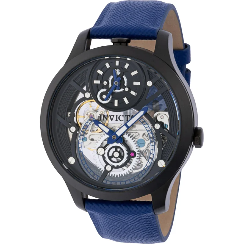 minimalistic watches for men with leather bands   Invicta Men's Watch - Objet D Art Silver, Blue, Black Dial Leather Strap | 44323