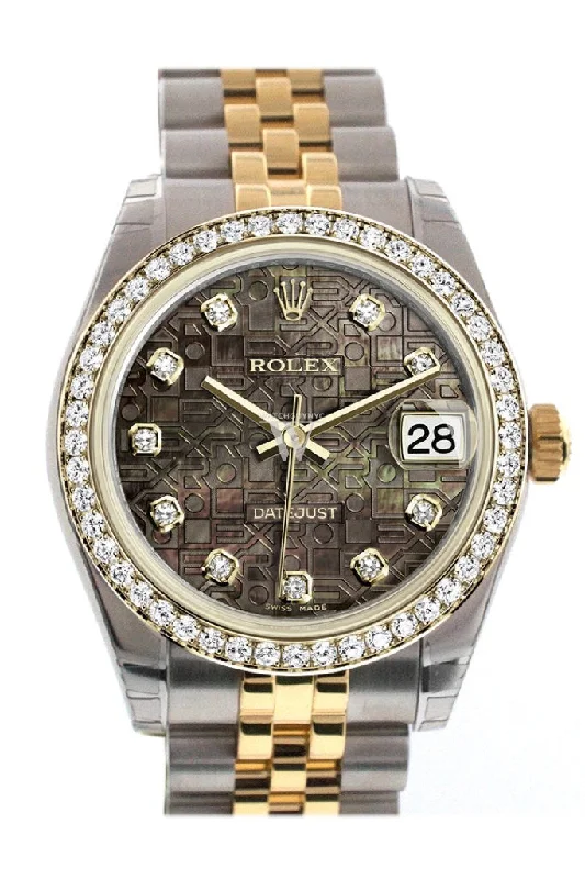 Watches with a sophisticated look   Rolex Datejust 31 Black mother-of-pearl Jubilee Diamond Dial Diamond Bezel Jubilee Yellow Gold Two Tone Watch 178383 Pre-owned