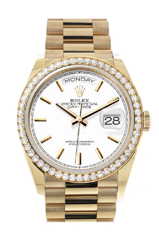 Watches for daily wear   Rolex Day-Date 36 White Dial Gold Diamond Bezel Watch 128348RBR-0047 128348RBR