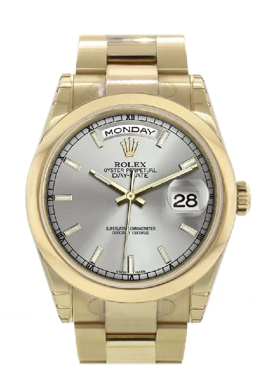 Women's dress watches with elegant straps   Rolex Day-Date 36 Silver Dial Yellow Gold Watch 118208