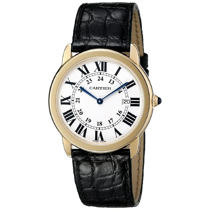 minimalistic watches for men with leather bands   Cartier Men's W6700455 Ronde Solo 18kt Yellow Gold Black Leather Watch
