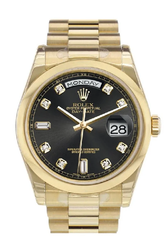 Vintage style quartz watches   Rolex Day-Date 36 Black Diamonds Dial President Yellow Gold Watch 118208